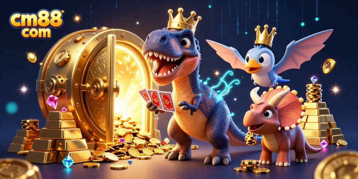 Engage with thrill at cm88 com as animated characters shuffle cards and stack chips in a casino setting.