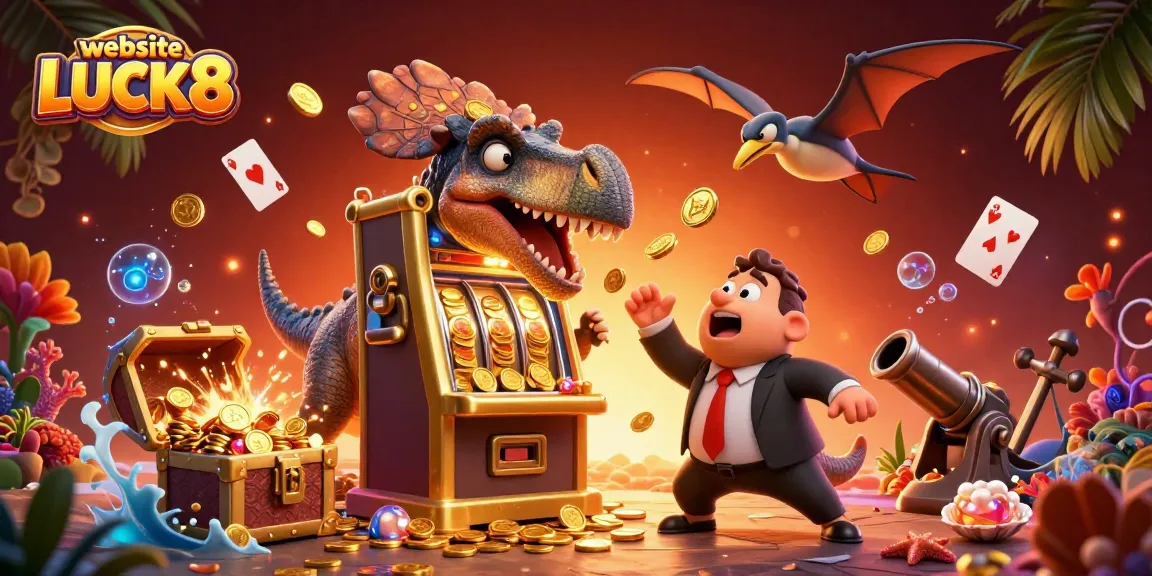 A dynamic scene showcasing a pachycephalosaurus at the website LUCK8, headbutting a golden slot machine to release jackpot coins.