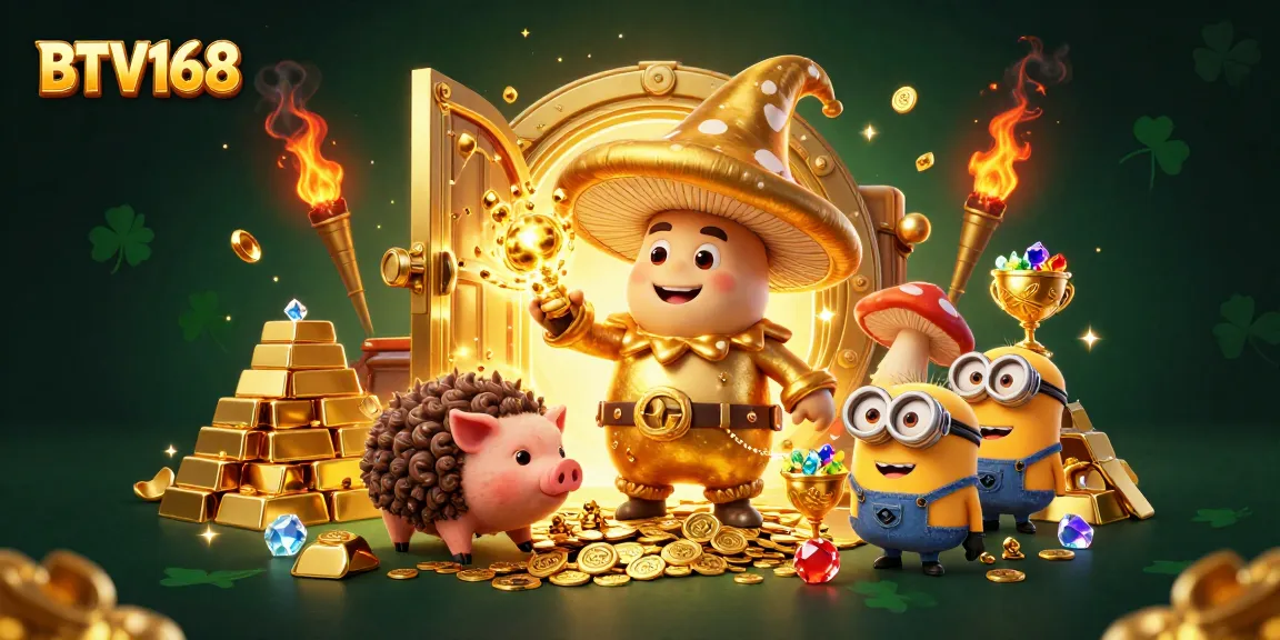 Experience BTV168's magic with a 3D wizard and treasure in a vibrant casino scene.